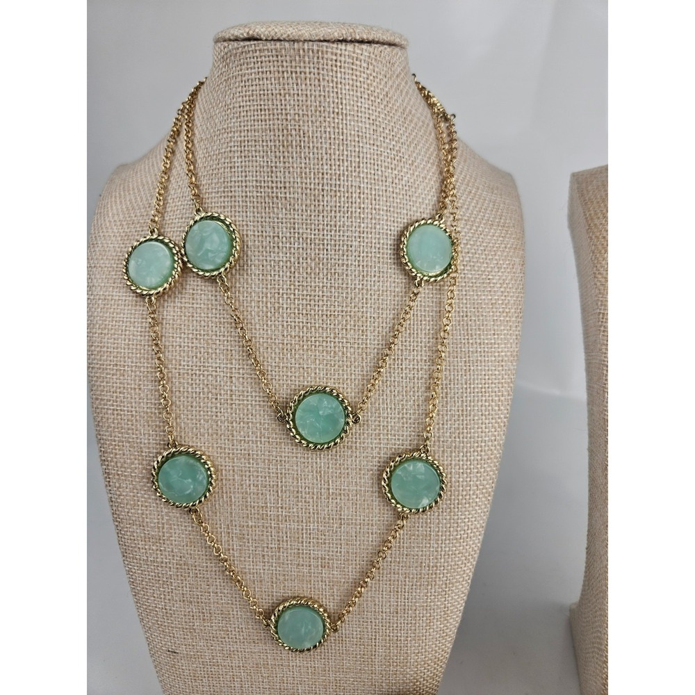 Monet 5 Pc Mint Green Cabochon Gold Tone Set Necklaces Bracelet Earrings WOW! - Picture 3 of 13
